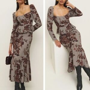 Reformation Brown Floral Midi Dress
